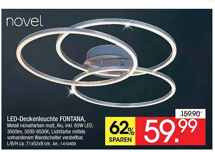 LED-Deckenleuchte FONTANA, Metall nickel­farben matt, Alu, inkl. 60W LED, 3500lm, 3000-6500K, Lichtfarbe mittels vorhandenem Wandschalter verstellbar, L/B/H ca. 71x52x9 cm. Art.: 1410409