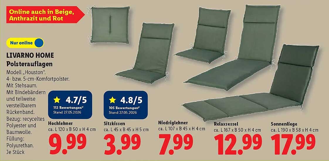 LIVARNO HOME Polsterauflagen Modell „Houston“.