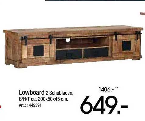 Lowboard 2 Schubladen, B/H/T ca. 200x50x45 cm. Art.: 1449391