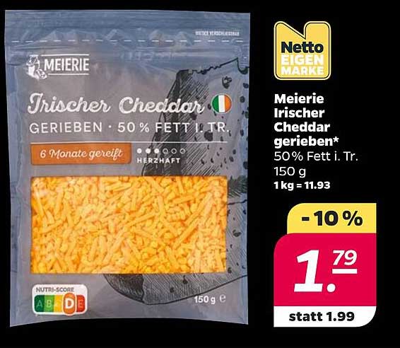 Meirerie Irischer Cheddar gerieben* 50% Fett i. Tr. 150 g