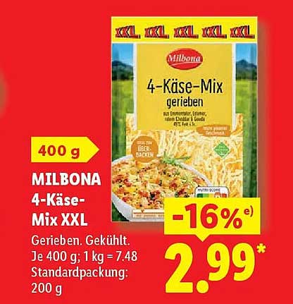 MILBONA 4-Käse-Mix XXL Gerieben. Gekühlt.