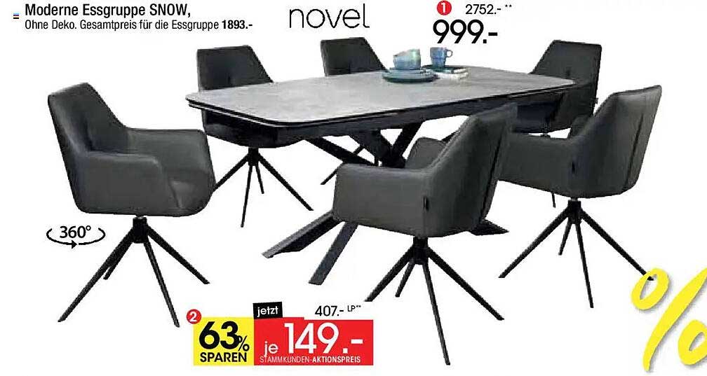 Moderne Essgruppe SNOW, Ohne Deko. Gesamtpreis für die Essgruppe