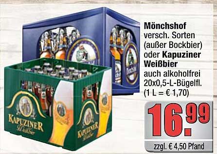Mönchshof versch. Sorten (außer Bockbier) oder Kapuziner Weißbier auch alkoholfrei 20x0,5-L-Bügelfl. (1 L = € 1,70)