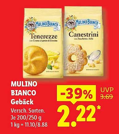 MULINO BIANCO Gebäck Versch. Sorten. Je 200/250 g 1 kg = 11.10/8.88