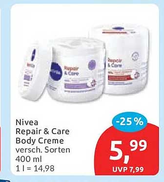 Nivea Repair & Care Body Creme, versch. Sorten 400 ml 1 l = 14,98