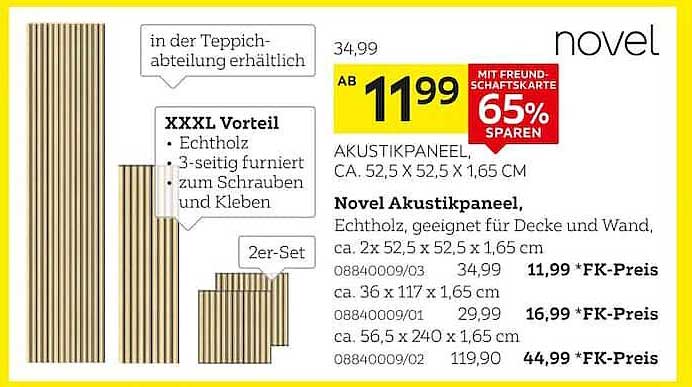 Novel Akustikpaneel, Echtholz, geeignet für Decke und Wand, ca. 2x 52,5 x 52,5 x 1,65 cm