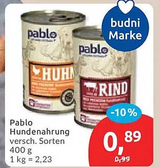 Pablo Hundenahrung versch. Sorten 400 g 1 kg = 2,23