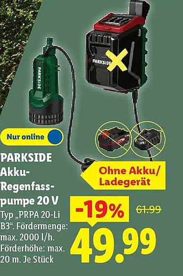 PARKSIDE Akku-Regenfasspumpe 20 V Typ „PRPA 20-Li B3“, Fördermenge: max. 2000 l/h, Förderhöhe: max. 20 m. Je Stück