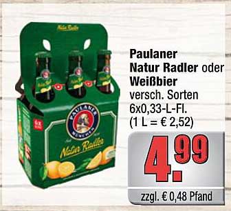 Paulaner Natur Radler oder Weißbier versch. Sorten 6x0,33-L-Fl. (1 L = € 2,52)