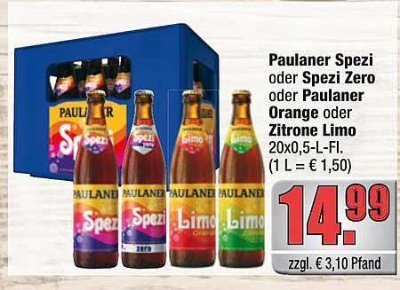 Paulaner Spezi oder Spezi Zero oder Paulaner Orange oder Zitrone Limo 20x0,5-L-Fl. (1 L = € 1,50)