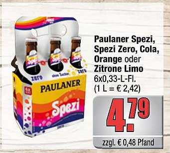 Paulaner Spezi, Spezi Zero, Cola, Orange oder Zitrone Limo 6x0,33 l - Fl. (1 L = € 2,42)