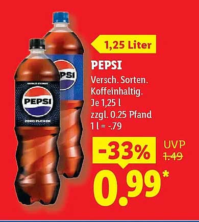PEPSI Versch. Sorten. Koffeinhaltig. Je 1,25 l zzgl. 0,25 Pfand