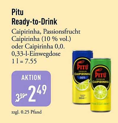 Pitu Ready-to-Drink Caipirinha, Passionsfrucht Caipirinha (10 % vol.) oder Caipirinha 0,0, 0,33-l-Einwegdose