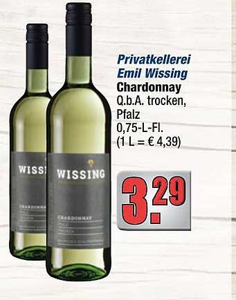 Privatkellerei Emil Wissing Chardonnay q.b.A. trocken, Pfalz 0,75-L-Fl. (1 L = € 4,39)