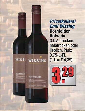 Privatkellerei Emil Wissing Dornfelder Rotwein Q.b.A. trocken, halbtrocken oder lieblich, Pfalz 0,75-L-Fl. (1 L = € 4,39)