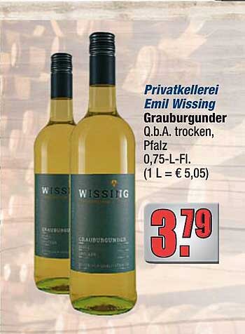 Privatkellerei Emil Wissing Grauburgunder Q.b.A. trocken, Pfalz, 0,75-L-Fl. (1 L = € 5,05)