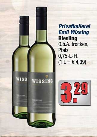 Privatkellerei Emil Wissing Riesling Q.b.A. trocken, Pfalz 0,75-L-Fl. (1 L = € 4,39)