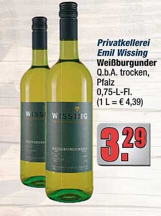 Privatkellerei Emil Wissing Weißburgunder Q.b.A. trocken, Pfalz 0,75-L-Fl. (1 L = € 4,39)