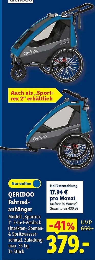 QERIDOO Fahrradanhänger Modell „Sportrex 1“, 3-in-1-Verdeck (Insekten-, Sonnen- & Spritzwasserschutz). Zuladung: max. 35 kg. Je Stück