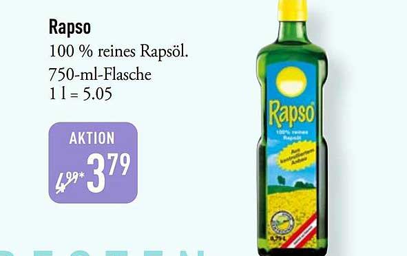 Rapso 100 % reines Rapsöl. 750-ml-Flasche 1 l = 5.05