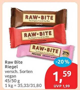 Raw Bite Riegel versch. Sorten vegan 45/50 g