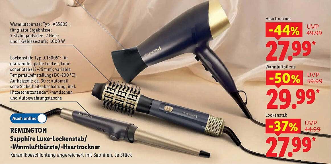 REMINGTON Sapphire Luxe-Lockenstab/-Warmluftbürste/-Haartrockner