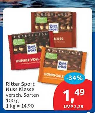 Ritter Sport Nuss Klasse versch. Sorten 100 g 1 kg = 14,90