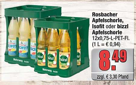 Rosbacher Apfelschorle, Isofit oder bizzl Apfelschorle 12x0,75-L-PET-Fl. (1 L = € 0,94)