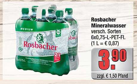 Rosbacher Mineralwasser versch. Sorten 6x0,75-L-PET-Fl. (1 L = € 0,87)
