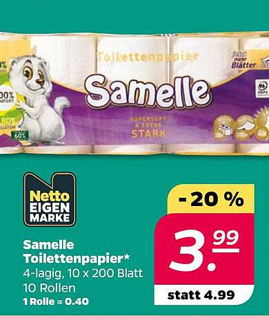 Samelle Toilettenpapier* 4-lagig, 10 x 200 Blatt 10 Rollen 1 Rolle = 0.40