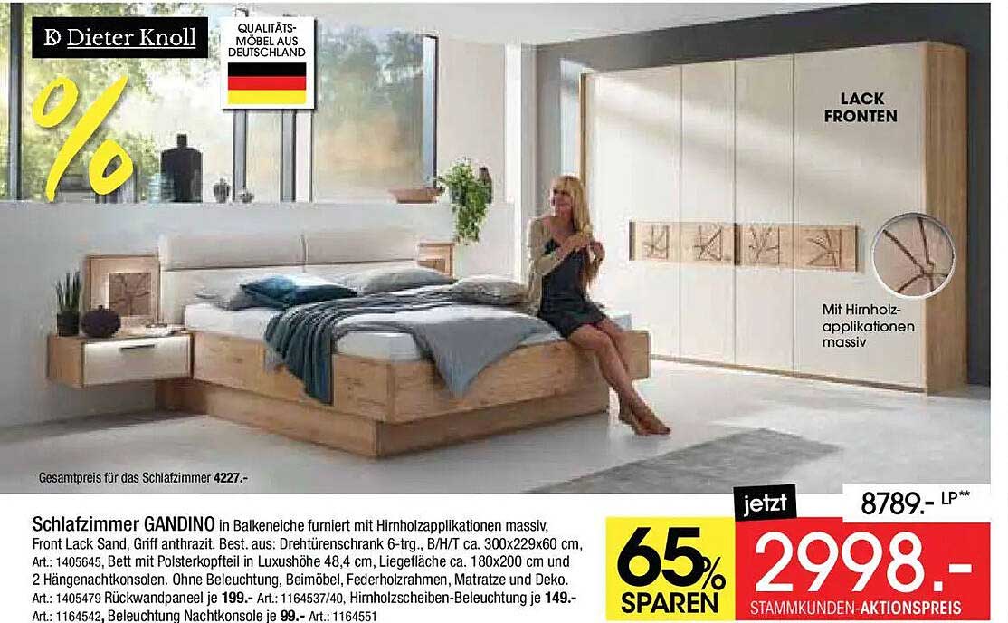 Schlafzimmer GANDINO in Balkeneiche furniert mit Hirnholzapplikationen massiv, Front Lack Sand, Griff anthrazit