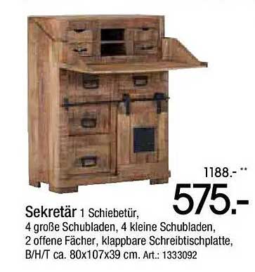 Sekretär 1 Schiebetür, 4 große Schubladen, 4 kleine Schubladen, 2 offene Fächer, klappbare Schreibtischplatte, B/H/T ca. 80x107x39 cm. Art.: 1333092