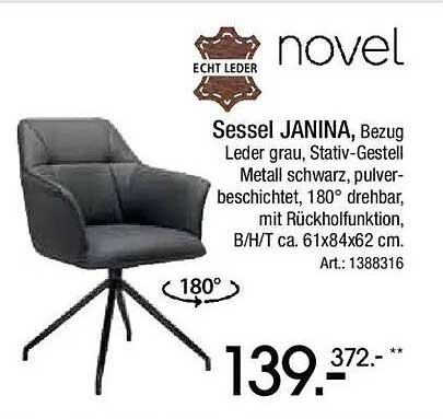 Sessel JANINA, Bezug Leder grau, Stativ-Gestell Metall schwarz, pulverbeschichtet, 180° drehbar, mit Rückholfunktion, B/H/T ca. 61x84x62 cm, Art.: 1388316