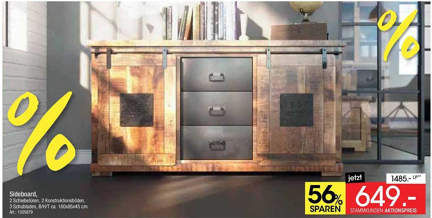 Sideboard, 2 Schiebetüren, 2 Konstruktionsböden, 3 Schubladen, B/H/T ca. 160x85x45 cm. Art: 1305879