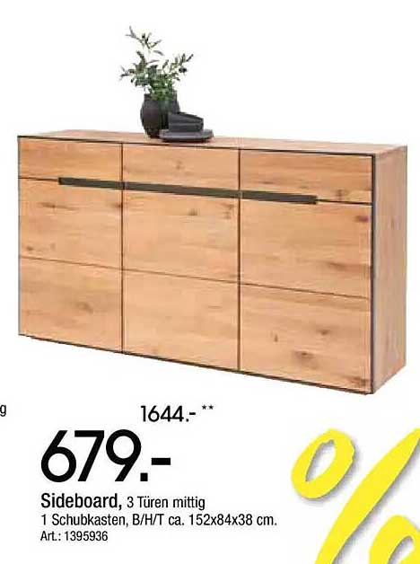 Sideboard, 3 Türen mittig 1 Schubkasten, B/H/T ca. 152x84x38 cm. Art.: 1395936