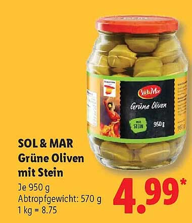 SOL & MAR Grüne Oliven mit Stein