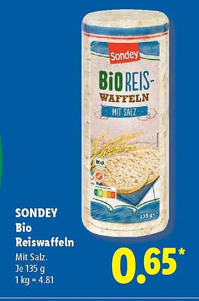 SONDEY Bio Reiswaffeln Mit Salz, Je 135 g, 1 kg = 4.81