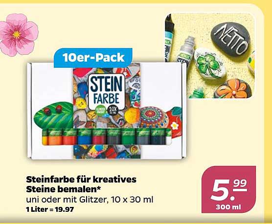 Steinfarbe für kreatives Steine bemalen* uni oder mit Glitzer, 10 x 30 ml