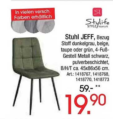 Stuhl JEFF, Bezug Stoff dunkelgrau, beige, taupe oder grün, 4-Fuß-Gestell Metall schwarz, pulverbeschichtet, B/H/T ca. 45x86x56 cm
