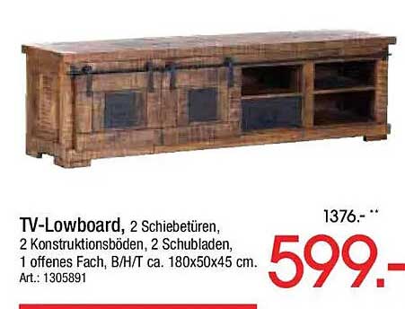 TV-Lowboard, 2 Schiebetüren, 2 Konstruktionsböden, 2 Schubladen, 1 offenes Fach, B/H/T ca. 180x50x45 cm. Art.: 1305891