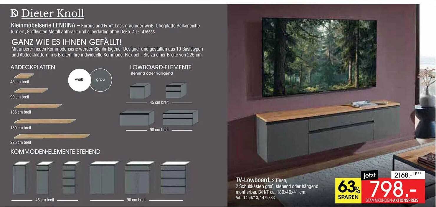 TV-Lowboard, 2 Türen, 2 Schubkästen groß, stehend oder hängend montierbar. B/H/T ca. 180x46x41 cm. Art.: 1459713, 1479383