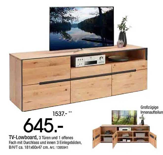 TV-Lowboard, 3 Türen und 1 offenes Fach mit Durchlass und innen 3 Einlegeböden, B/H/T ca. 181x60x47 cm. Art.: 1395941