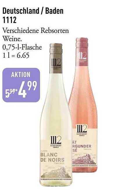 Verschiedene Rebsorten Weine. 0,75-l-Flasche 1 l = 6.65