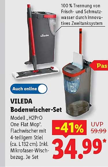VILEDA Bodenwischer-Set Modell „H2PrO One Flat Mop“