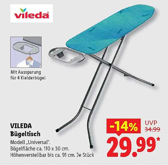 VILEDA Bügeltisch Modell „Universal“. Bügelfläche ca. 110 x 30 cm. Höhenverstellbar bis ca. 91 cm. Je Stück