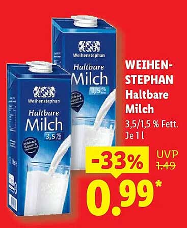 WEIHEN-STEPHAN Haltbare Milch 3,5/1,5 % Fett. Je 1 l