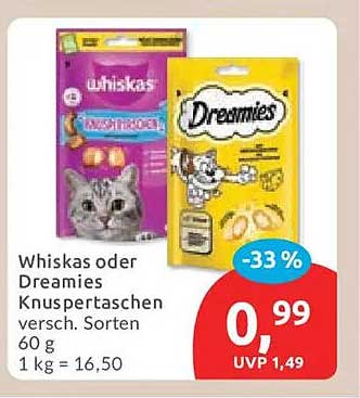 Whiskas oder Dreamies Knuspertaschen versch. Sorten 60 g 1 kg = 16,50