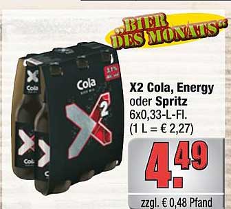 X2 Cola, Energy oder Spritz 6x0,33-L-Fl. (1 L = € 2,27)