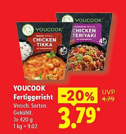 YOUCOOK Fertiggericht Versch. Sorten. Gekühlt. Je 420 g 1 kg = 9.02