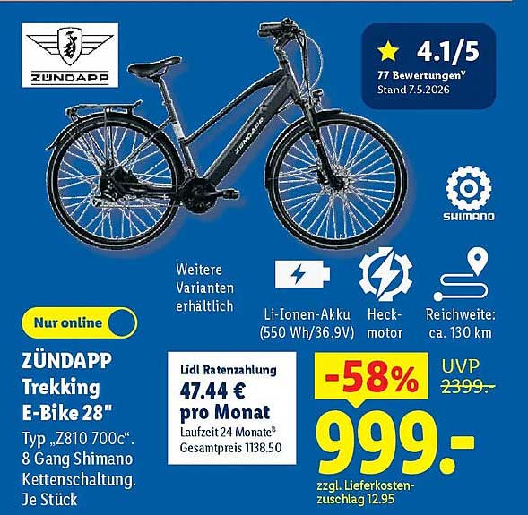 ZÜNDAPP Trekking E-Bike 28" Typ „Z810 700c“. 8 Gang Shimano Kettenschaltung. Je Stück
